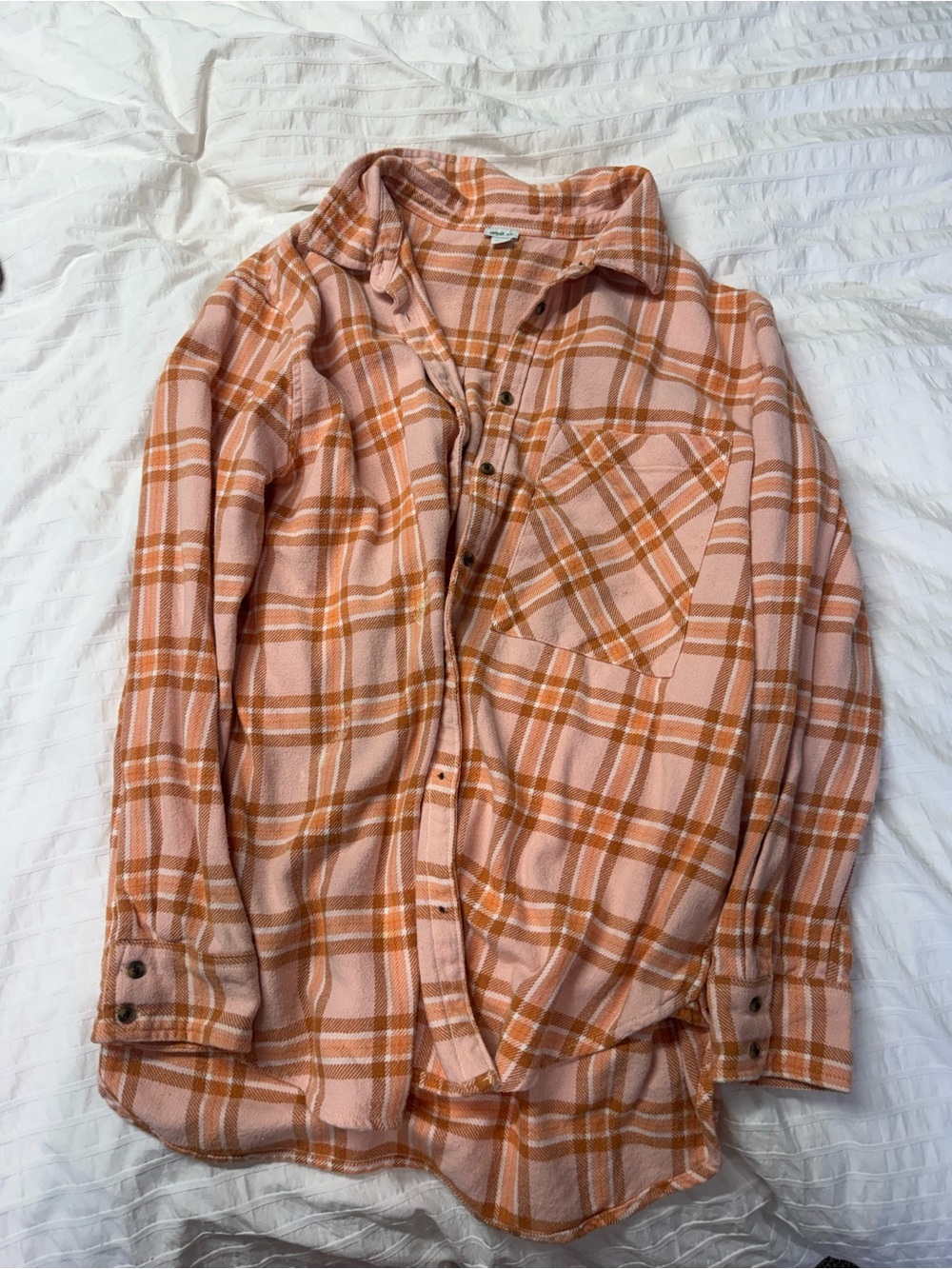 aerie  Plaid Button-Down Shirt in Peach, Orange, and White